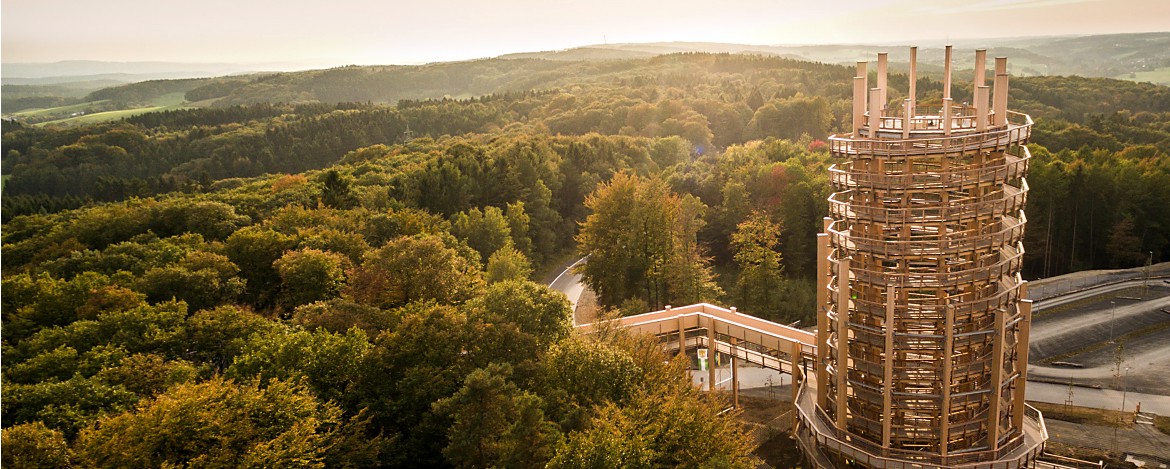 Ein Aussichtsturm aus Holz, der sich inmitten eines dichten Waldes befindet. Der Turm ist von einer spiralf�rmigen Rampe umgeben, die nach oben f�hrt und eine Panoramaaussicht auf die umliegende Landschaft bietet.